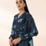 Midnight Blue Floral Printed Khaadar Suit with Chiffon Dupatta – 3 Piece