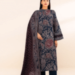 "Navy Blue Floral Printed 3-Piece khaadar Suit with Dupatta – Elegant Casual Wear for Women