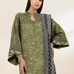 "Olive Green Printed khaader3-Piece Suit with Black and White Dupatta – Ethnic Casual Wear for Women"