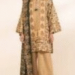 Beige and Olive Green Printed 3-Piece khaadar Suit with Wide Trousers – Traditional Elegance for Women"