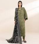 "Olive Green Printed khaader3-Piece Suit with Black and White Dupatta – Ethnic Casual Wear for Women"