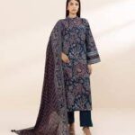 "Navy Blue Floral Printed 3-Piece khaadar Suit with Dupatta – Elegant Casual Wear for Women