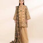 Beige and Olive Green Printed 3-Piece khaadar Suit with Wide Trousers – Traditional Elegance for Women"